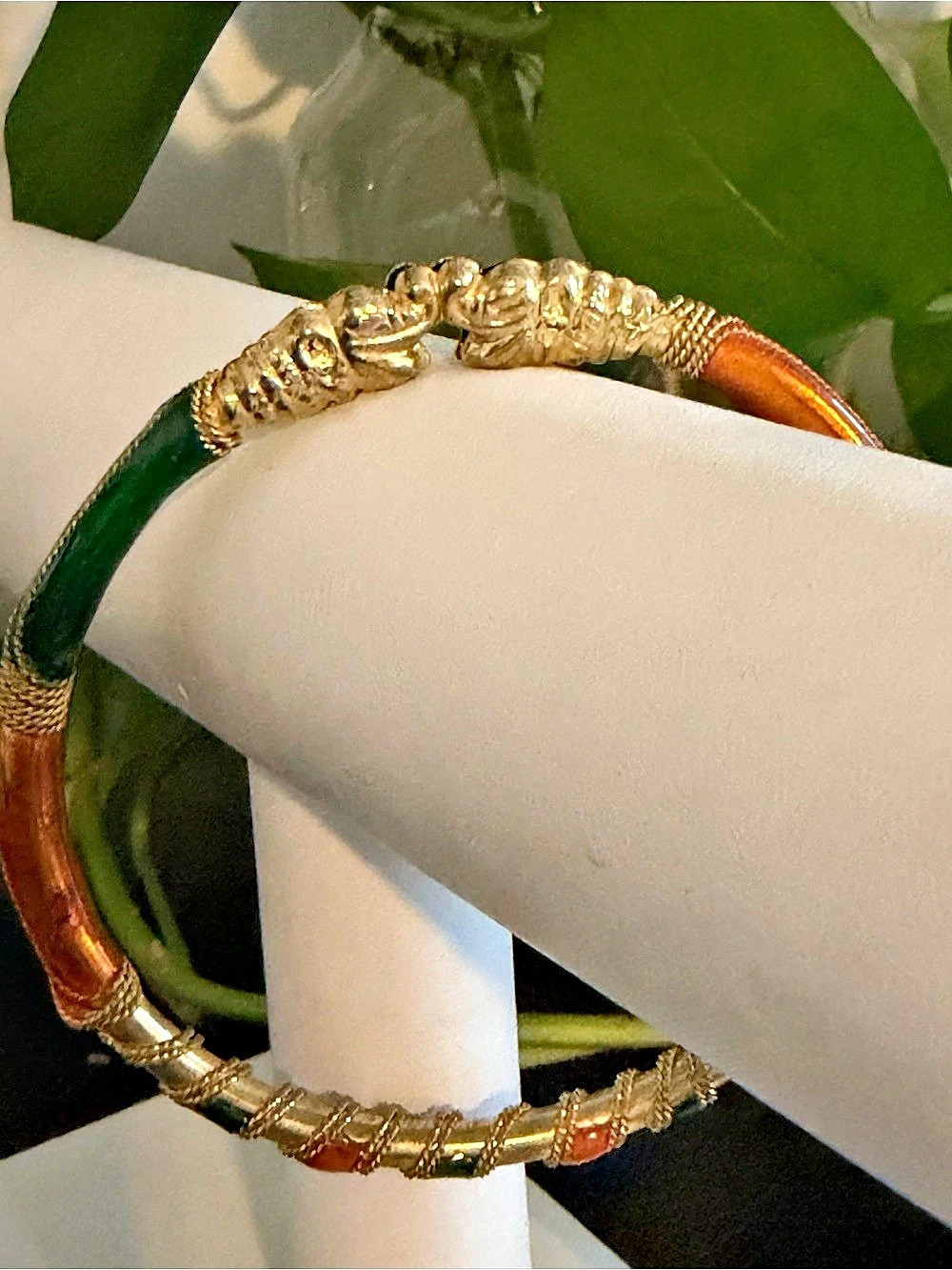 Vintage Gold Enameled Double Headed Dragon Serpent Bangle Bracelet